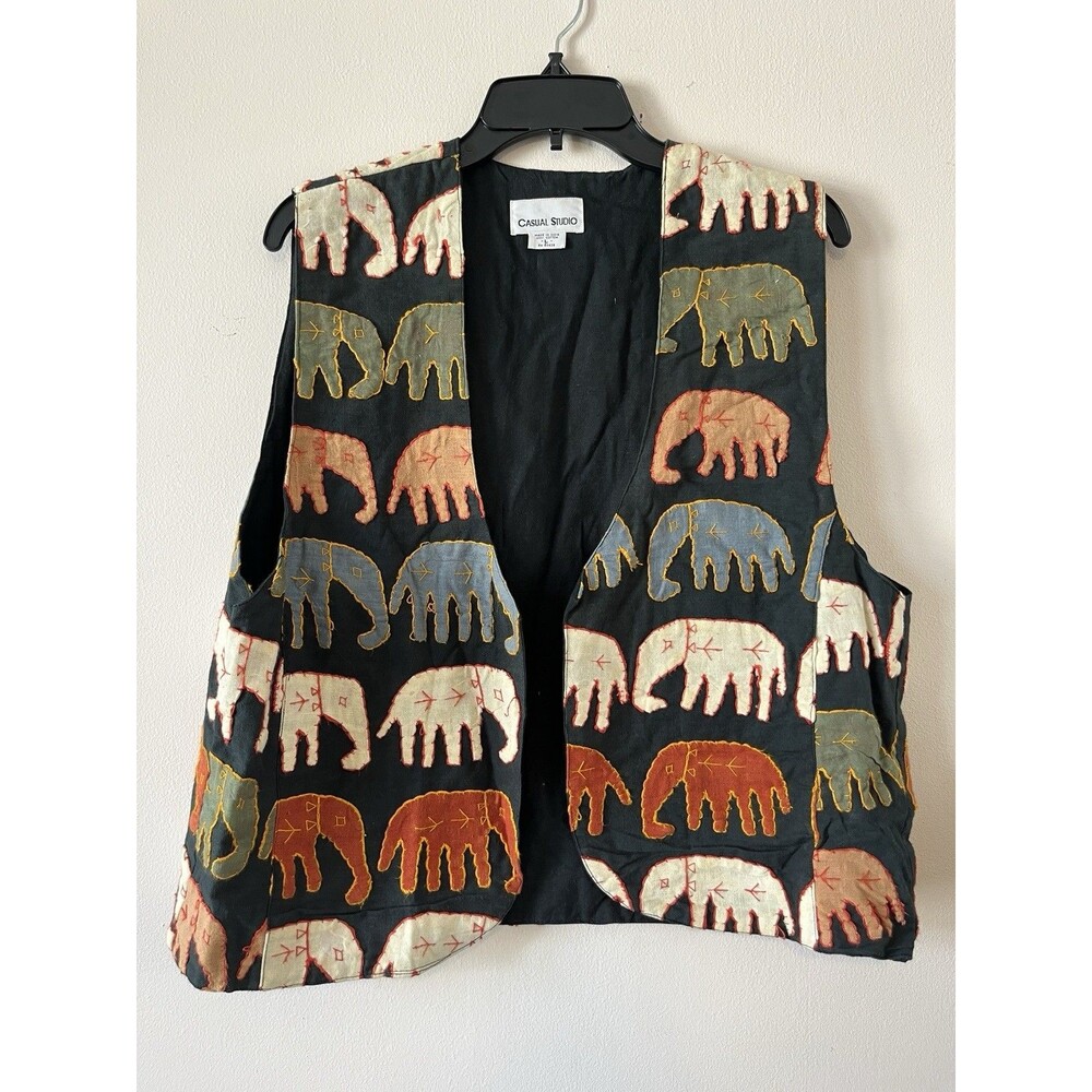 Casual Studio Elephant Applique Vest L Embroidered Boho Folk Art India Cotton